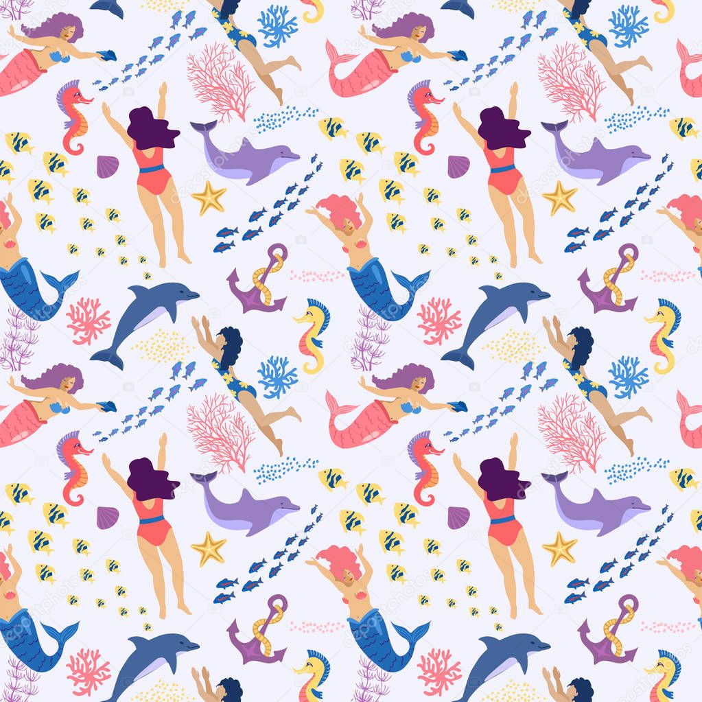 Pattern with cartoon mermaids, swimming women and sea animals, vector illustration