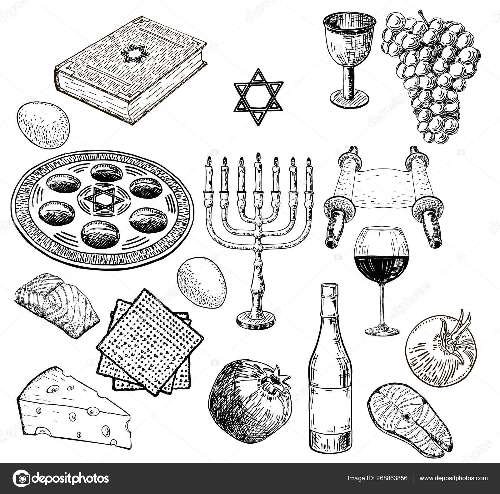 Download Vector Set Sketches Theme Passover Attributes Symbols Jewish Holiday Dish Vector Image By C Luisvv Vector Stock 268863856