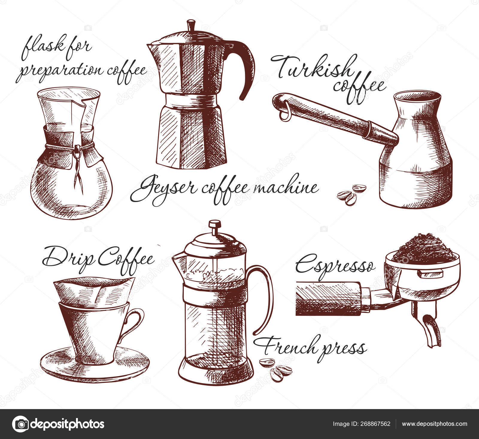 Hand Drawn Vector Coffee Set Devices Coffee Making Jezva Geyser