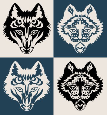 Süs vintage kurt seti. Siyah ve beyaz dövme, dekoratif retro tarzı. Yalıtılmış vektör illüstrasyonu