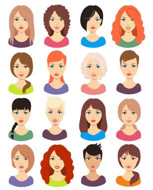 Orta ve uzun saçlar için farklı kız saç modeli seti. Kırmızı, sarışın, esmer ve siyah saçlı. Avatarlar, web sitesi simgeleri, güzellik salonu baskılar için idealdir. Vektör çizimi    
