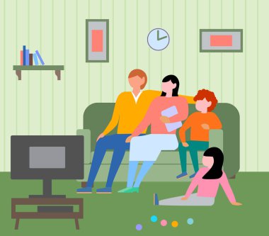 Aile eğlence. Aile televizyon izlerken evde kanepede oturuyor. Düz bir tarzda vektör Illustration