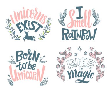 Tek boynuzlu atlar hakkında el yazısı alıntısı. Ayarlamak. El çizilmiş büyülü tek boynuzlu at ilham yazı. Yazı tipografisi. Logo türü, rozet, simge, kart, poster, davetiye, banner şablonu için harika