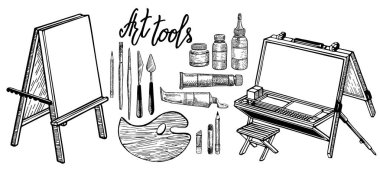 El çizilmiş sanat araçları ve malzemeleri seti. Çizim. Boyama araçları elemanları vektör kavramı. Sanat malzemeleri: şöne, tuval, boya tüpleri, fırçalar. Atölye tasarımları için yaratıcı malzemeler illüstrasyon çizim