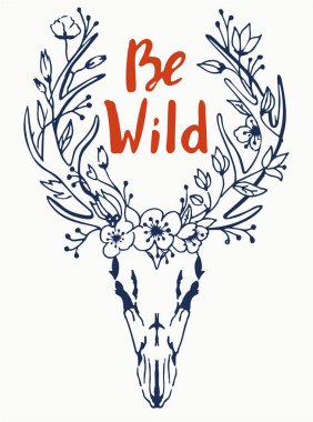 Geyik ve çiçek Vintage elle çizilmiş grafik. Vahşi ol. Bir tekstil ve t-shirt baskı veya yetişkin boyama kitap sayfası olarak kullanılabilir.