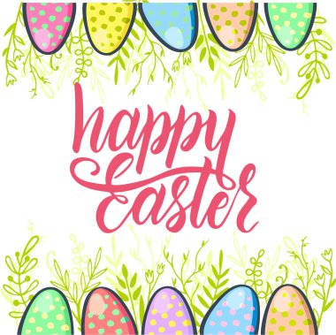 Çiçekler yumurta ile renkli mutlu paskalya tebrik kartı. Geleneksel süslemeleri ile Paskalya arka plan