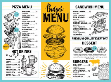 Restoran ve kafe için yemek menüsü. Doodle stilinde elle çizilmiş grafik öğeleri içeren şablon tasarla. Restoran kafe menüsü, şablon tasarımı. Gıda el ilanı
