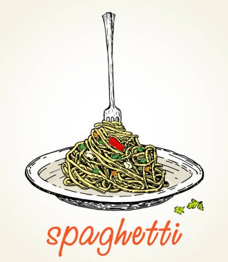 Makarna çatal ve tabakta. Spagetti vektör illüstrasyon.