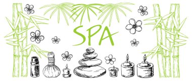 Şablon vektör kartı. Spa prosedürü için aksesuarlar. Vektör el çizilmiş elemanlarıkümesi. Doğal taşlar, çiçekler, mum. Çizim