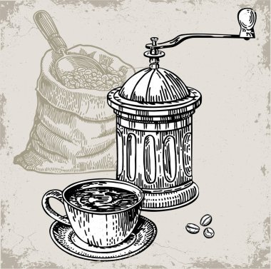 Kahve değirmeni, bir paket kahve ve bir fincan kahve. Mürekkep çizimi. El çizilmiş vintage kahve arka plan.