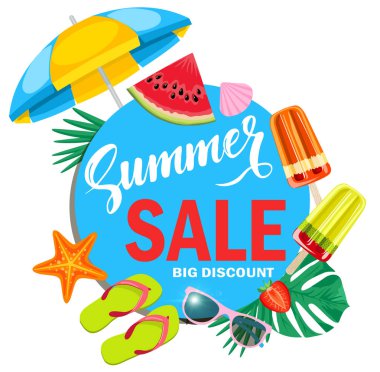 Beyaz arka planda mavi daire arkasında renkli plaj elemanları ile promosyon için yaz satış vektör afiş tasarımı. Vektör çizimi