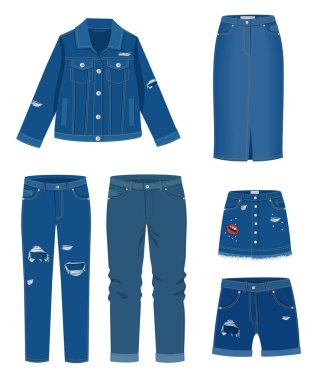 Kot pantolon. Moda modası yırtık kot günlük kıyafet vektör illüstrasyonu, kot giysi modelleri beyaz arka planda izole edilmiş.