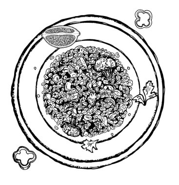 Risotto. Set doodle el İtalyan gıda illüstrasyon çizilmiş. Vektör görüntüsü