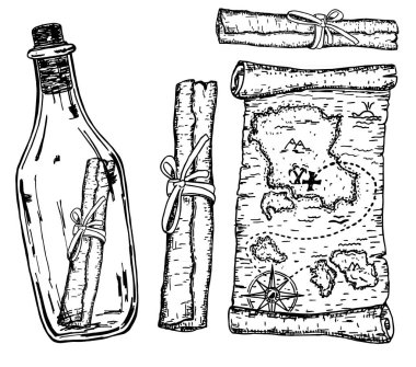 Eski kaydırma çizim stili beyaz arka plan üzerine ayarlanır. Hazine haritası. Broşürler, el ilanları, posterler, kartlar, baskılar için mükemmeldir. Elle çizilmiş vektör illüstrasyonu