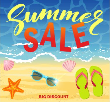 Yaz satış için Promo web afiş şablonu. Sahilde gerçekçi nesnelerle Yaz dekorasyonüst görünümü. İndirim teklifi ile vektör illüstrasyon. Tropik ülkede mevsimlik tatil kavramı.