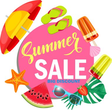 Yaz satış için Promo web afiş şablonu. Gerçekçi nesnelerle Yaz dekorasyonüst görünümü. İndirim teklifi ile vektör illüstrasyon. Tropik ülkede mevsimlik tatil kavramı. 