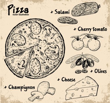 Tasarım için pizza pişirme el çizilmiş vektör illüstrasyon. İtalyan pizza tarifi