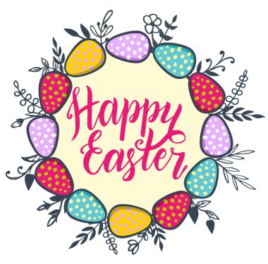 Çiçekler yumurta ile renkli mutlu paskalya tebrik kartı. Geleneksel süslemeleri ile Paskalya arka plan. Paskalya çelenk, yazı. 