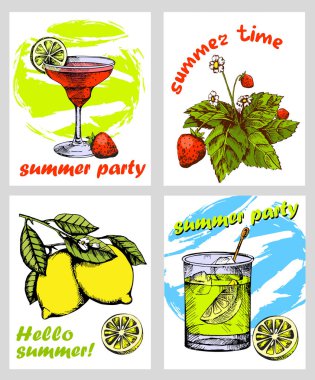 Yaz kartları. Kokteyl. Yaz partisi. Yaz zamanı. Merhaba yaz. Meyve ve kokteyller. 