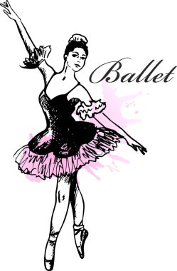 Ba -lerin. Bale dansçısı. Beyaz arka planda dans kızı. Balerin kızı. Klasik Bale Sanatı. Vektör çizimi.   