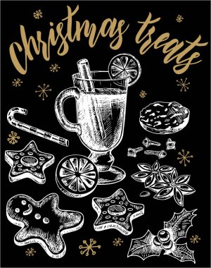 Vektör el çizilmiş noel davranır Çizimler seti. Ayrıntılı retro tarzı görüntüler. Etiketler için vintage çizimler. Sıcak şarap, zencefilli çörek, kek, portakal. Siyah arka plan üzerinde tebeşir görüntüsü