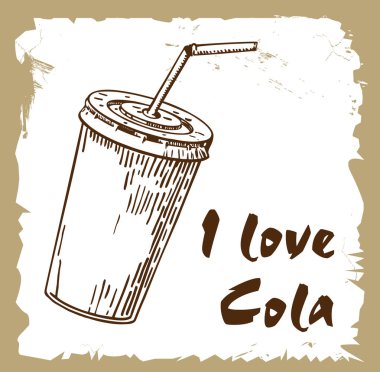Cola'ya bayılırım. Plastik bardakta kola. Vintage arka plan. Çizim mürekçesi.