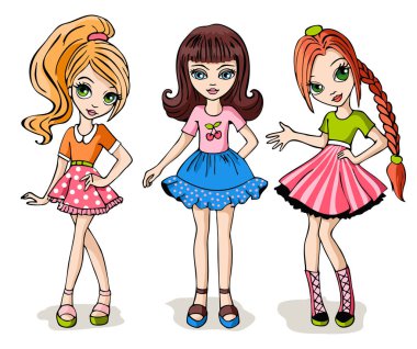 Moda kız seti. İlkbahar-yaz kıyafetleri içinde elle çizilmiş kızlar. Vektör illüstrasyon. Şık çocuk kız illüstrasyon. Sarışın ve esmer, kızıl saçlı küçük kız beyaz arka plan üzerinde izole ayarlayın 