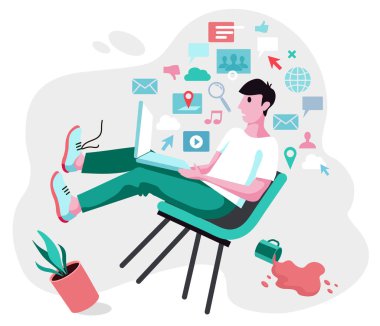 Giriş aşırı yükleme. Bilgi aşırı yükleme kavramı. Bir dizüstü bilgisayardan gelen bilgibaskısı altında bir sandalyeden genç adam düşüyor. Bilgiden bunalmış kişi kavramı