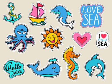 Deniz. Vektör yama seti. 80s-90s tarzı tasarım. - çıkartmalar, nakış, rozetler için harika.