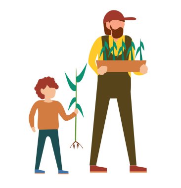 Çiftçi ve oğlu fidanları taşırlar. Tarım işçisi Ekim bitkileri. Bir adam ve oğlu bitkiler dikiyor. Düz karikatür vektör illüstrasyon.
