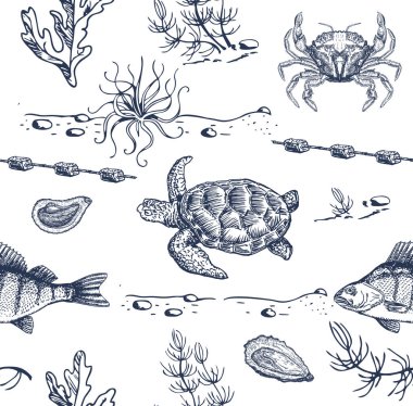 Deniz sakinleri çizim yapıyor. Kusursuz desen. Deniz kaplumbağası, balık, yengeç, yosun
