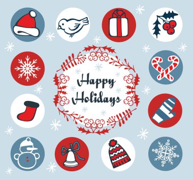 Yeni yıl sezonu doodle seti. Kış giyim, spor, hediyeler, kar taneleri, diğer tatil sembolleri, Noel elemanları. Elle çizilmiş vektör, izole doğrusal arka plan.