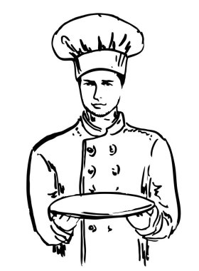 Restoranın genç aşçısının çalışma üniforması portresi. Şef şapkalı bir adam. Vektör çizgisi çizimi elle çizilmiş çizim 