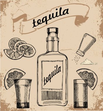 Cam ve tekila şişesi, tuz ve limon dilimi. Etiket, poster, web, bir partiye davet için Vintage vektör gravür illüstrasyon. Tekila Eski arka planda ayarlayın