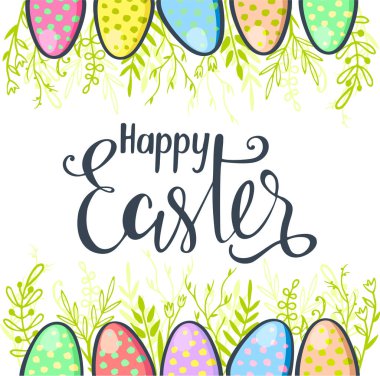 Çiçekler yumurta ile renkli mutlu paskalya tebrik kartı. Geleneksel süslemeleri ile Paskalya arka plan