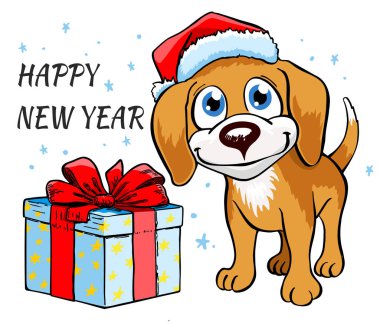 Noel hediyeleri ile köpek. Noel vektör Illustration. Mutlu yeni yıl ve Noel