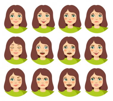 Farklı duyguları olan genç bir kadın. Sevinç, üzüntü, öfke, konuşan, komik, korku, gülümseme. Kız yüz ifadeleri. Ayarlamak. Beyaz arka planda izole Illustration. Vektör. 