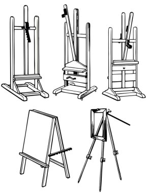 Ahşap boyama Sephalar set. Beyaz arka planda izole el çizilmiş kroki tarzı şövale. Bir oto, öğrenci kampı, şövale Camp düzeltildi. Vektör Illustration.
