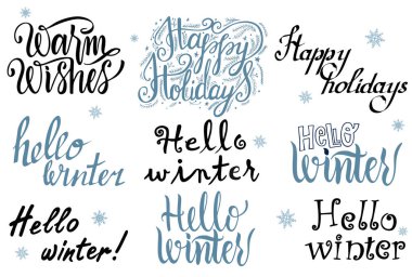 Merhaba kış yazı seti. Kart, baskı, kaplama, dekor, poster, afiş için merhaba kış ifadeler ile el çizilmiş yazı seti.