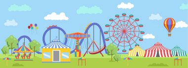 Eğlence Parkı, döner mekanizmalar, roller coaster ve hava balonu ile kentsel peyzaj. Sirk ve Carnival Tema vektör çizim.