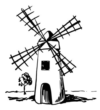 Değirmen mürekkep çizimi. Bir değirmenel çizilmiş doodle illüstrasyon. 