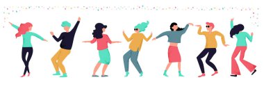 Genç dans eden insanlar ya da beyaz arka planda izole erkek ve kadın dansçılar. Genç erkek ve kadın dans partisi zevk. Dans partisi. Düz karikatür tarzında vektör Illustration 