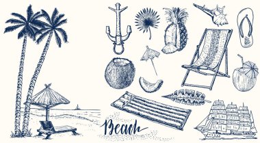 Yaz seti. Yaz öğeleri ile Vintage tatil koleksiyonu. Vektör seyahat simgesi