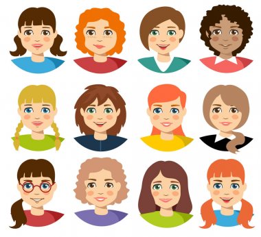 Karikatür karakterleri kızlar ayarlayın. Avatars için. Beyaz arka planda izole farklı saç tarzı ile güzel genç kızlar portre 