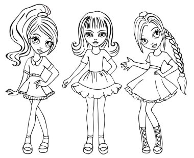 Moda kız boyama kitabı vektör Illustration. Şık çocuk kız vektör illüstrasyon.