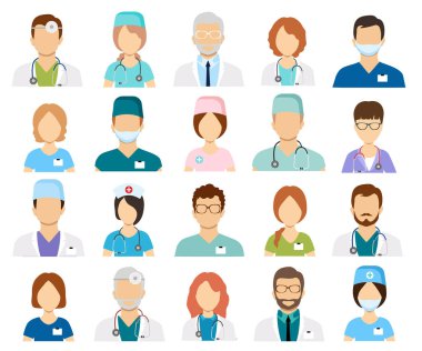 Beyaz arka plan üzerinde izole profesyonel doktor avatarları. Tıp uzmanları ve sağlık personeli simgeler vektör çizim insanlar 
