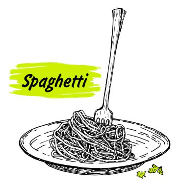 Makarna çatal ve tabakta. Spagetti. Vektör vintage siyah illüstrasyon beyaz arka plan üzerinde izole.