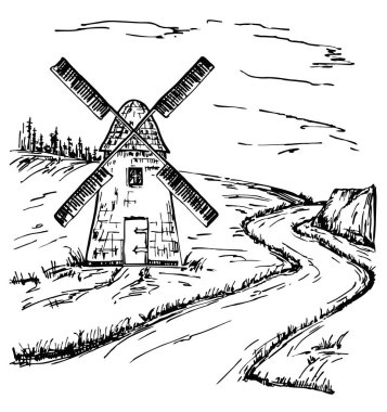 Bir değirmenel çizilmiş doodle illüstrasyon. Yel değirmeni çizimi. Kırsal peyzaj vintage el çizilmiş illüstrasyon.