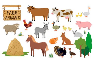 Beyaz arka planda izole düz tarzda ayarlanan çiftlik hayvanları. Vektör Illustration. Sevimli karikatür hayvanlar koleksiyonu: koyun, keçi, sığır, eşek, at, domuz, kedi, köpek, ördek, kaz, horoz, Türkiye. 