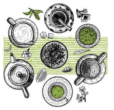 Yerba mate ile Arka Plan: içki dostum, bombacı, calabash ve mate şube ve yaprakları. Vektör el çizilmiş illüstrasyon. Yerba mate çay. 